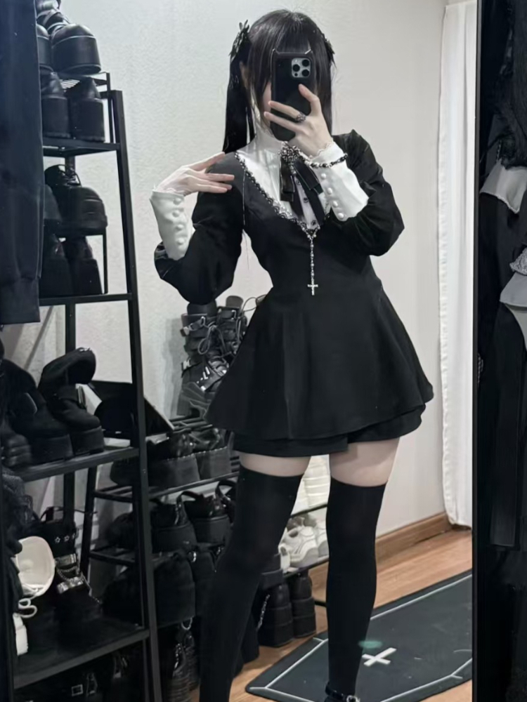 Vintage Fashion Retro Outfit - Setelan Gaun Slim Vintage Gothic Jepang