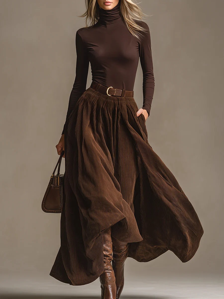 Vintage Fashion Retro Outfit - Setelan Rok Panjang Korduroi Lengan Panjang