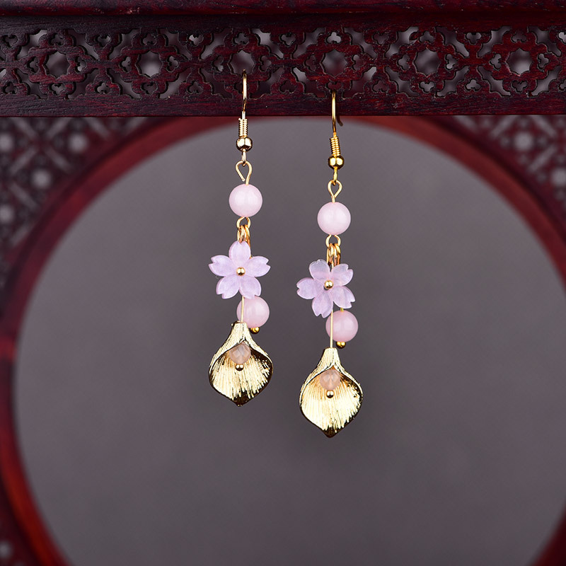 Vintage Fashion Luxury - Anting Bunga Giok Alami Merah Muda