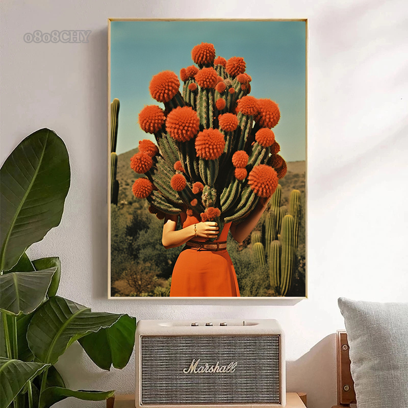Buket kaktus di gurun lukisan  - Vintage Fashion Prints For Wall ulasan dan harga